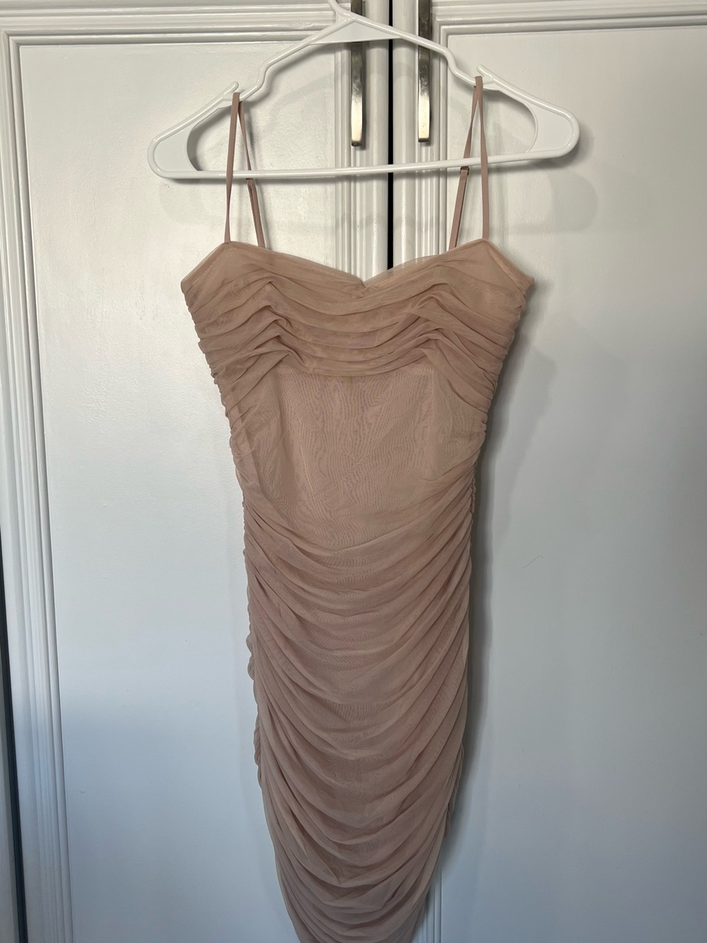 Babaton Ruched Nude Slip Dress with Spaghetti Straps